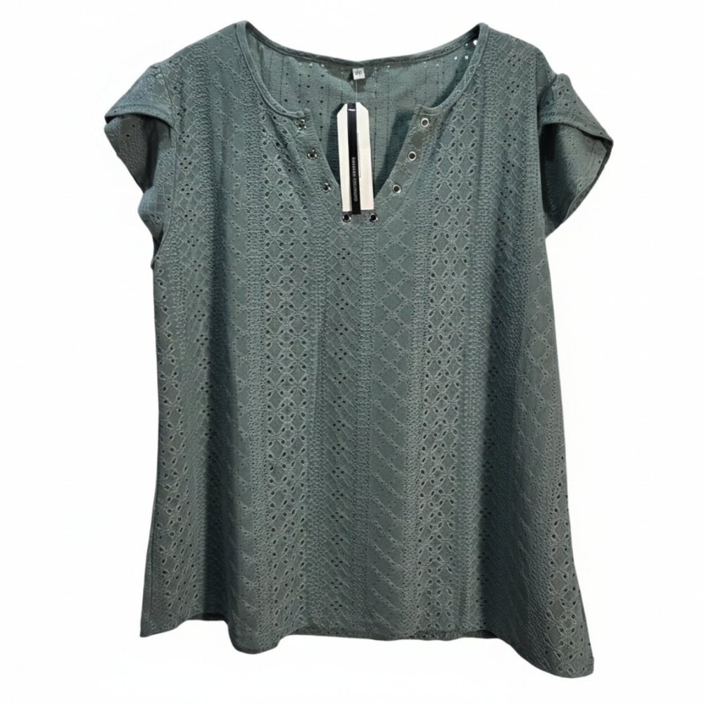 NWT | SAUKOLE Sage Green Eyelet V-Neck Top | Grommet Detail | XL
